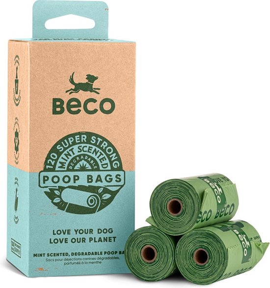 Beco Hondenpoep Zakjes met Mint Geur - 100% Recycled - Rollen van 15 zakjes - Inhoud 60, 120 of 270 stuks - 120 stuks