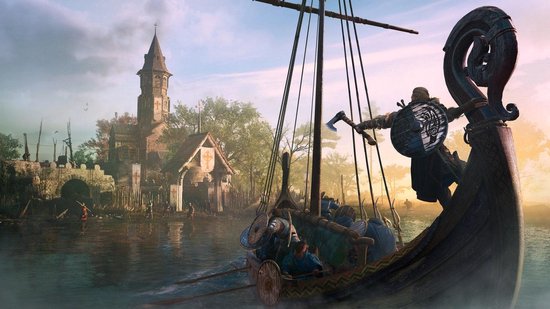 Een Viking-longship met een schild op de rug vaart langs een kerk.