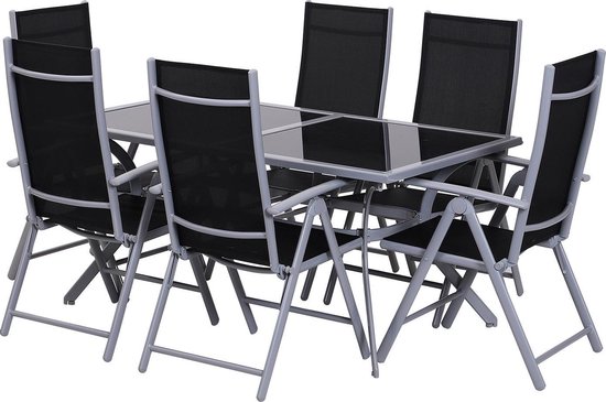 Sunny Tuinset alu inklapbaar incl. tafel met zwarte glasplaat en 6 stoelen  | bol.com