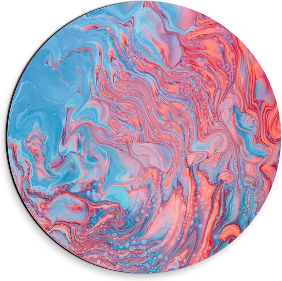 Dibond Wandcirkel - Blauw met Roze Verf Gemengd - 30x30cm Foto op Aluminium Wandcirkel (met ophangsysteem)