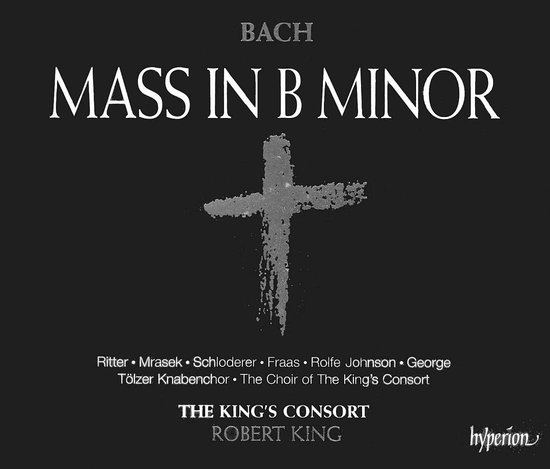Albumhoes met een grijze, geschilderde kruisvorm op een zwarte achtergrond, met tekst voor 'Mass in B Minor' van Bach.