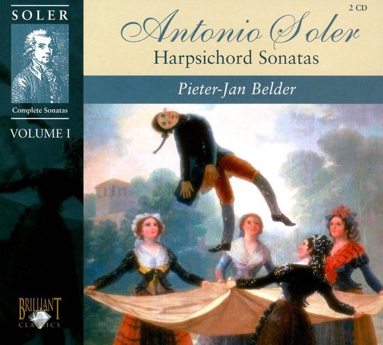 CD hoes voor Antonio Soler's Complete Sonatas Volume 1, met een schilderij van spelende figuren en de tekst 'Antonio Soler Harpsichord Sonatas Pieter-Jan Belder'.