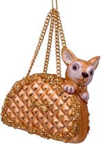 Vondels Glazen kerst decoratie hanger hond in gouden tas H10cm