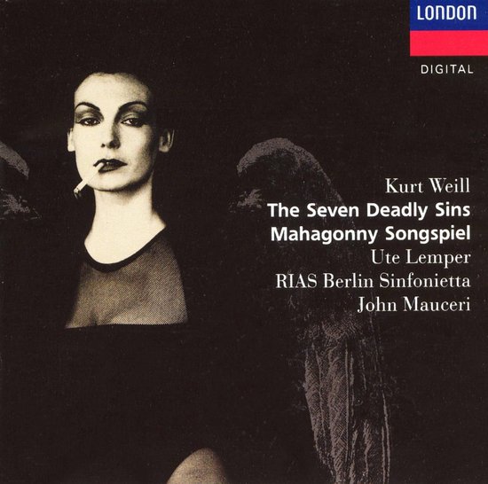 Albumcover met Ute Lemper met sigaret, London Digital logo, en tekst over Kurt Weill.