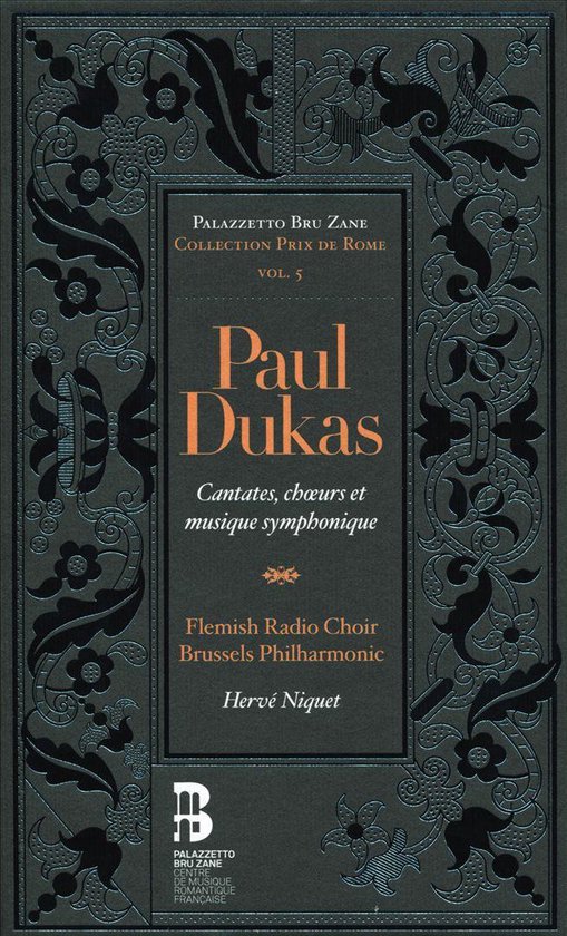Boekomslag met ornamentale patronen in donkergrijs. Titel: Paul Dukas - Cantates, chœurs et musique symphonique. Met namen van uitvoerders.