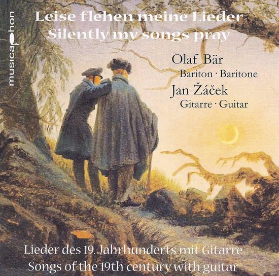 Cover van "Leise flehen meine Lieder" met twee mannen in 19e-eeuwse kleding bij zonsondergang, "Silently my songs pray".