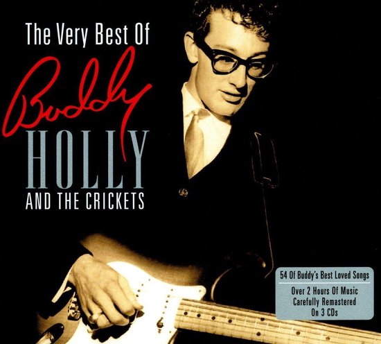 Albumhoes met Buddy Holly die gitaar speelt. Tekst: The Very Best Of Buddy Holly And The Crickets.