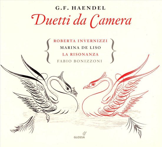 Albumhoes met de titel "G.F. HAENDEL Duetti da Camera" en een tekening van twee zwanen, één zwart en één rood.