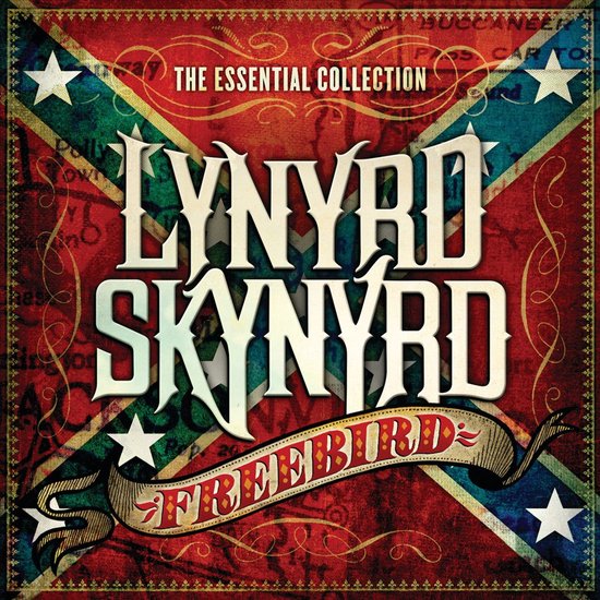 Albumhoes met Lynyrd Skynyrd logo, de tekst "The Essential Collection" en "Freebird" op een achtergrond van de Geconfedereerde vlag.