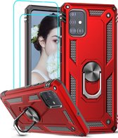 Samsung Galaxy A51 Armor Ring hoesje & 2x Glazen tempered - Rood