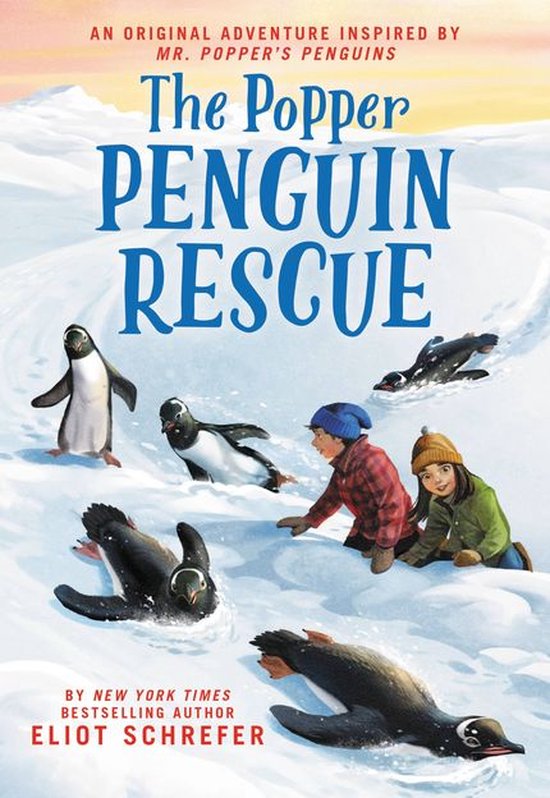 Boekomslag met de titel 'The Popper Penguin Rescue'. Kinderen in de sneeuw kijken naar pinguïns.