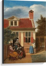 Canvas  - Oude meesters - Een gezelschap op plaats achter huis, Pieter de Hooch - 60x90cm Foto op Canvas Schilderij (Wanddecoratie op Canvas)