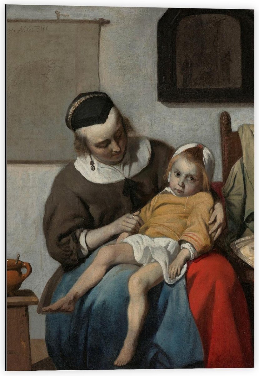 Dibond - Oude meesters - Het zieke kind, Gabriël Metsu, ca. 1664 - ca. 1666 - 40x60cm Foto op Aluminium (Met Ophangsysteem)