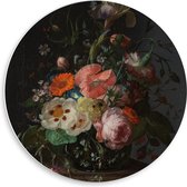 Forex Wandcirkel - Oude meesters - Stilleven: bloemen op marmeren tafel, Rachel Ruysch - 50x50cm Foto op Wandcirkel (met ophangsysteem)