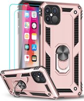 Hoesje Geschikt voor iPhone 12/12 Pro hoesje - Hardcase - Tough armor ring Rosegoud + 2 stuks screenprotector