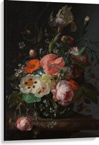 Canvas  - Oude meesters - Stilleven: bloemen op marmeren tafel, Rachel Ruysch - 80x120cm Foto op Canvas Schilderij (Wanddecoratie op Canvas)