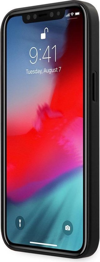 Zijkant van een zwart telefoonhoesje dat om een iPhone zit.