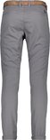 Achterkant van grijze chino broek met bruine riem en omgeslagen broekspijpen.
