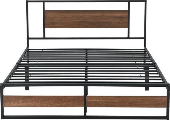 Metalen bed Villach bedframe 140x200 cm zwart en walnoot - en.casa