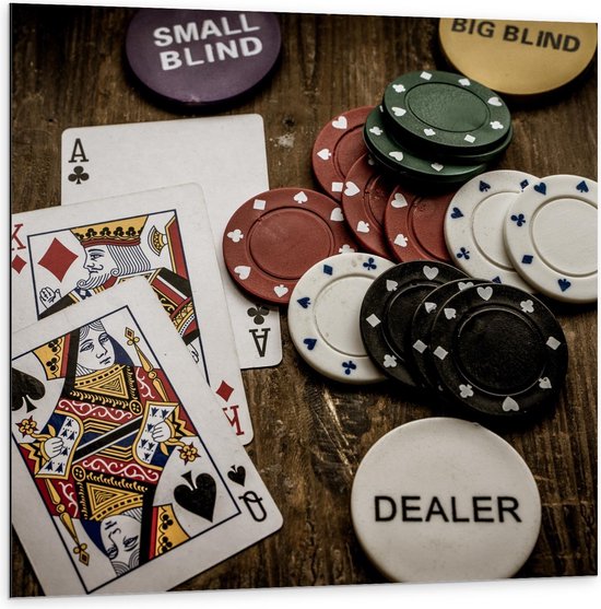 Dibond - Pokerfiches en Kaarten - 100x100cm Foto op Aluminium (Met Ophangsysteem)