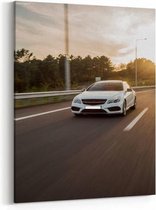 Schilderij - Car on the road across green fields in the sunset — 60x90 cm