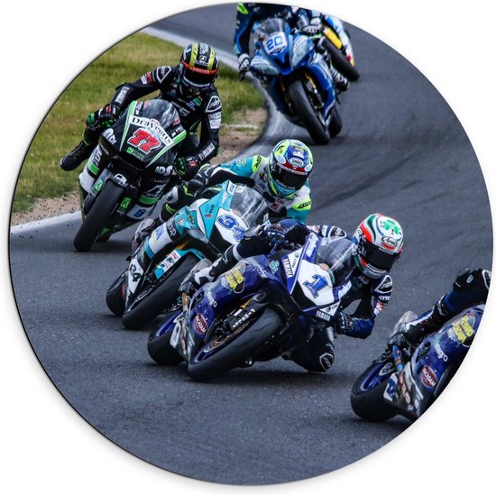 Dibond Wandcirkel - Wedstrijd Racemotors - 70x70cm Foto op Aluminium Wandcirkel (met ophangsysteem)