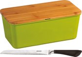 Boîte à pain vert citron avec couvercle de planche à découper en bambou et couteau à pain 18 x 34 x 14 cm - Plateau de rangement du pain avec couteau dentelé - Planches à Planches à découper