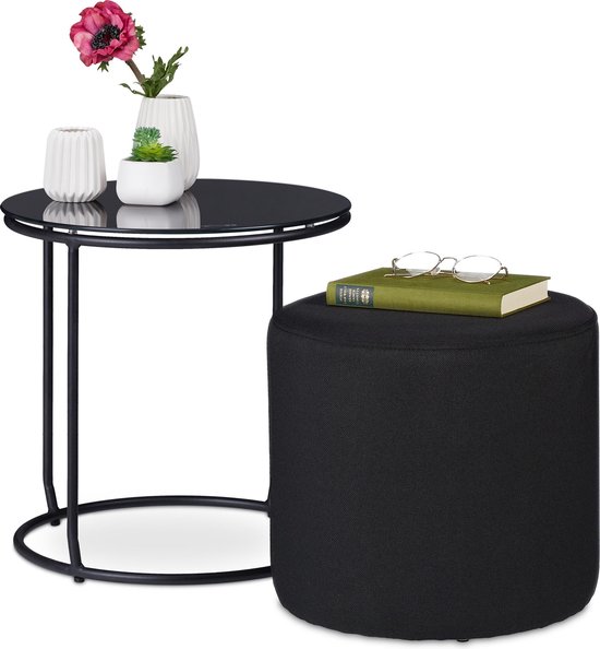 table d'appoint relaxdays avec pouf - table basse ronde - table en verre -  table... | bol
