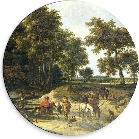 Dibond Wandcirkel - Oude Meesters - De voorde, Jacob Isaacksz van Ruisdael, 1650 - 1682 - 30x30cm Foto op Aluminium Wandcirkel (met ophangsysteem)