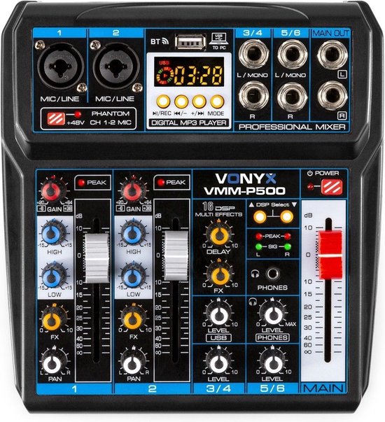 Mengpaneel - Vonyx VMM-P500 mixer met Bluetooth, mp3 speler en digitale sound processor (echo & delay effecten) - Vonyx