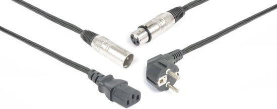 Drie zwarte kabels met netsluiting, XLR-aansluiting en stekker.