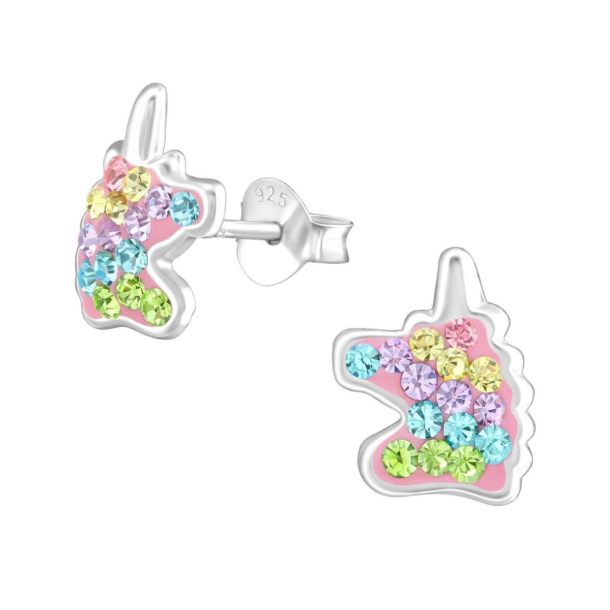 Oorbellen meisje | Eenhoorn oorbellen | Zilveren oorstekers, eenhoornhoofd met kleurige kristallen