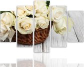 Schilderij Witte rozen in een mand, 5 luik, 4 maten, premium print