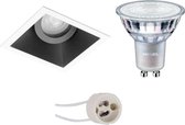 LED Spot Set - Pragmi Zano Pro - GU10 Fitting - Inbouw Vierkant - Mat Zwart/Wit - Kantelbaar - 93mm - Philips - MASTER 927 36D VLE - 4.9W - Warm Wit 2200K-2700K - DimTone Dimbaar