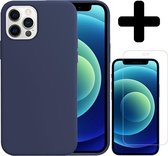 Hoesje Geschikt voor iPhone 12 Pro Hoesje Siliconen Case Hoes Met Screenprotector - Hoes Geschikt voor iPhone 12 Pro Hoes Cover Case - Donkerblauw