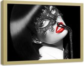 Foto in frame , Vrouw met masker , 120x80cm , zwart wit rood , wanddecoratie