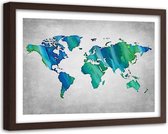 Foto in frame , Wereld in blauw groen , Wereldkaart , 120x80cm , wanddecoratie , Premium print