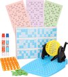 Afbeelding van het spelletje Bingo spel gekleurd/geel complete set nummers 1-90 met molen, fiches, 148x bingokaarten en 2x stiften - Bingospel - Bingo spellen - Bingomolen met bingokaarten - Bingo spelen