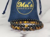 Mei's | Couple with Mini Claws koppels armband | armband set / sieraad koppels / kralenarmband | Edelsteen / Tijgeroog / Zwarte Onyx | bruin zwart / polsmaat 16,5 + 17 cm