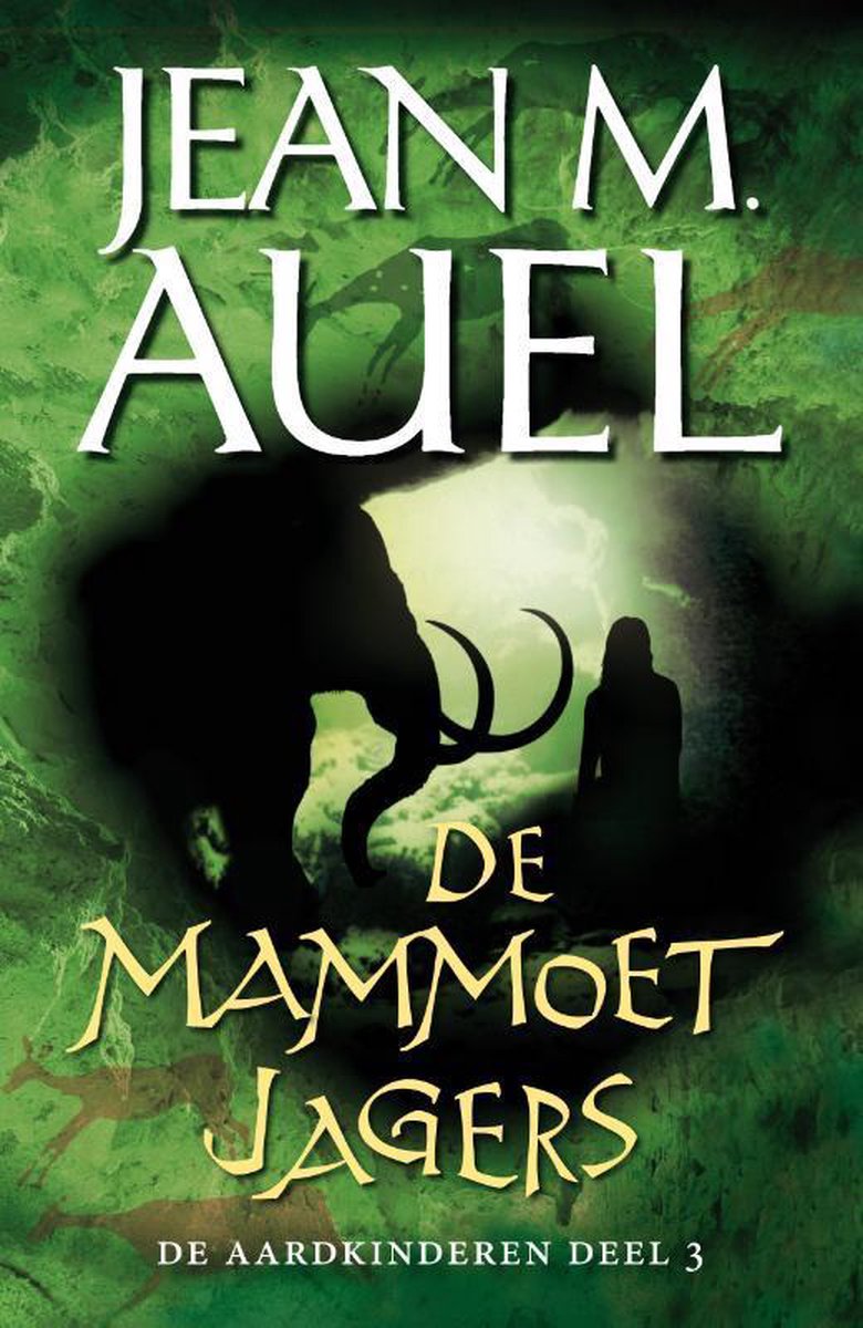 Boekcover 'De Mammmoetjagers' met Jean M. Auel, silhouet van vrouw en mammoet, in groentinten.