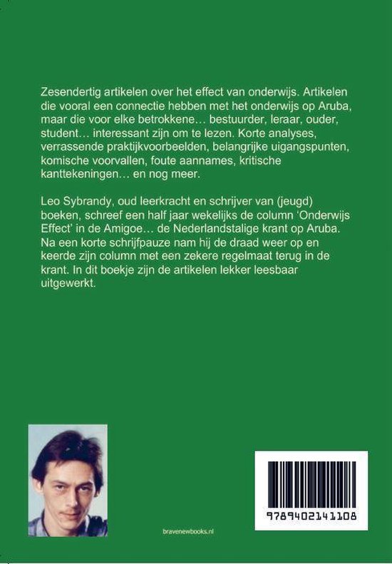Achterkant van een boek met de titel "Onderwijs Effect". Bevat een portretfoto van Leo Sybrandy en een ISBN-barcode.