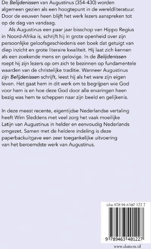 Achterkant van het boek 'Augustinus Belijdenissen' met Nederlandse tekst en ISBN-barcode.