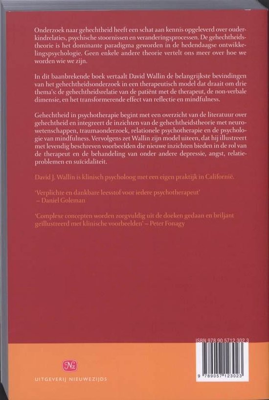 Boek cover 'Gehechtheid in psychotherapie' met rode achtergrond en oranje zijkant. Titel en auteursnaam.