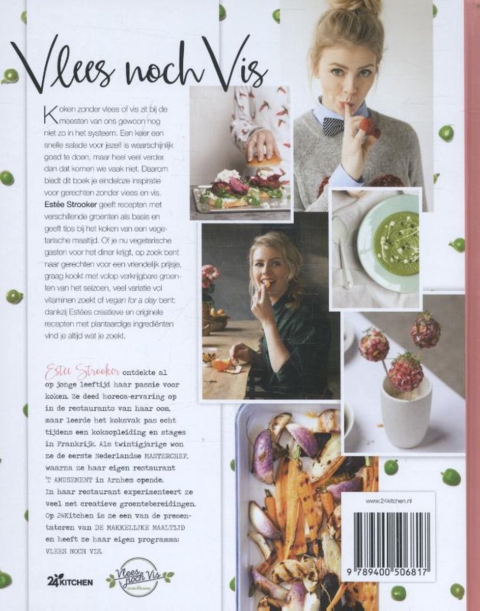 Een kookboek met de titel 'Vlees noch Vis'. Een vrouw met een gebaar van geheimhouding, en diverse foto's van gerechten, waaronder salades en geroosterde groenten.