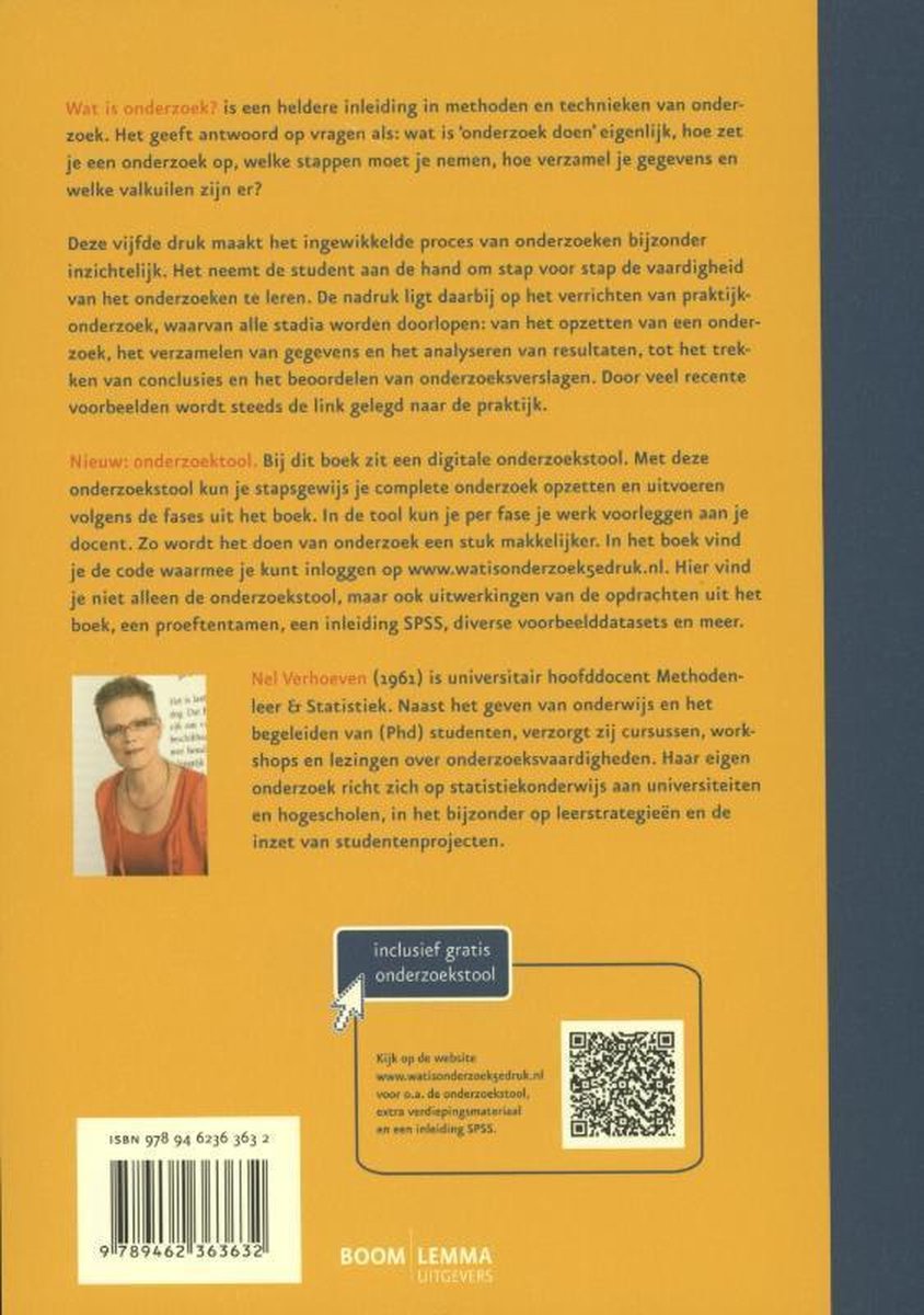 Boek met een foto van Nel Verhoeven, auteur van "Wat is onderzoek?".