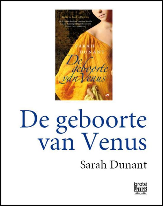 Boekomslag van 'De geboorte van Venus' van Sarah Dunant, met een afbeelding van een vrouw en de titel in grote letters.