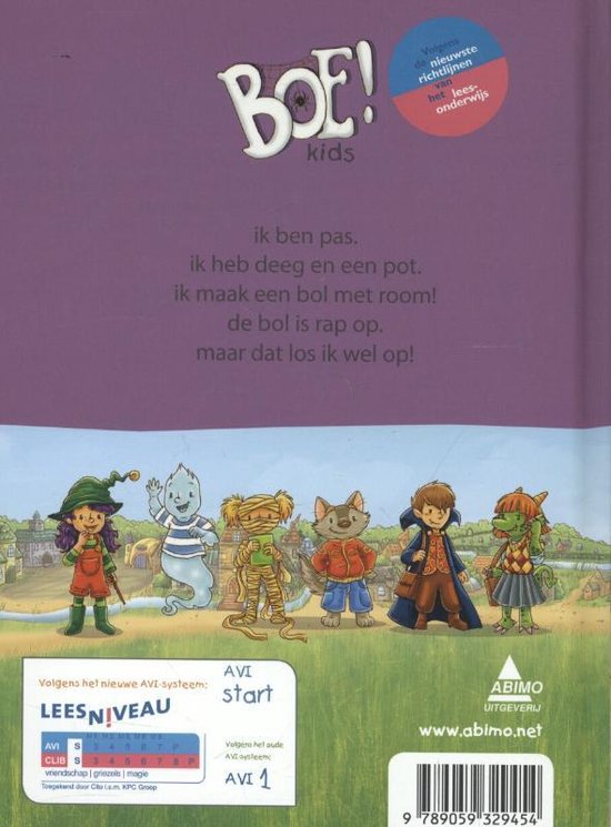 Boekcover met zes tekenfilmfiguren: een heksje, een spookje, een mummie, een katje, een jongen en een krokodil.