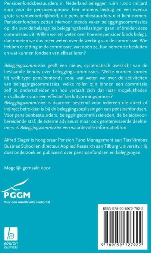 Achterkant van een boek over beleggingscommissies, met tekst en een logo.