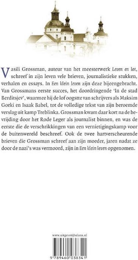 Boekrug van 'Een klein leven' met een gravure van een gebouw en tekst.
