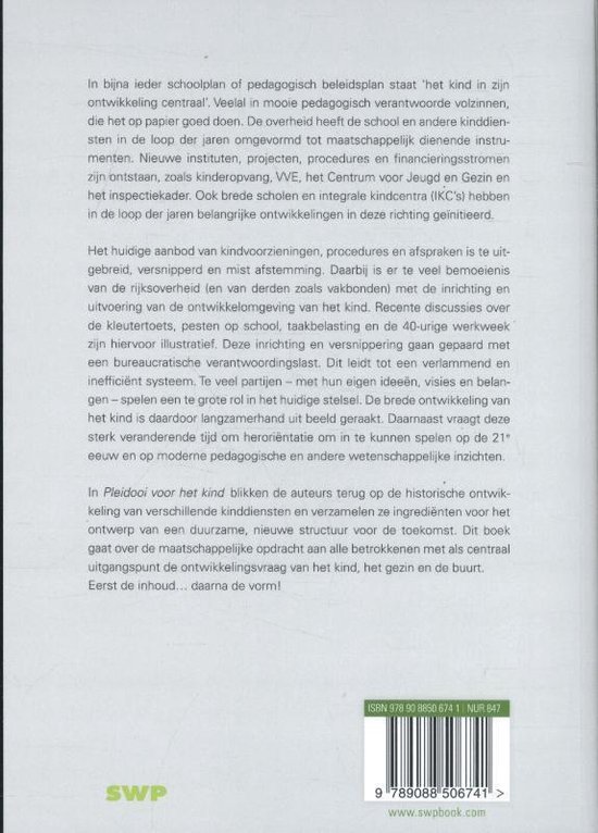 Achterkant boek 'Pleidooi voor het kind' met ISBN en website.